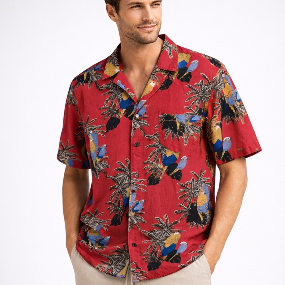 Banks Journal Parrot Palm Print Shirt Red Tropical XL Cotten